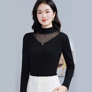 t恤薄纱蕾丝上衣冬 女高端精致长袖 2025新款 半高领加绒网纱打底衫