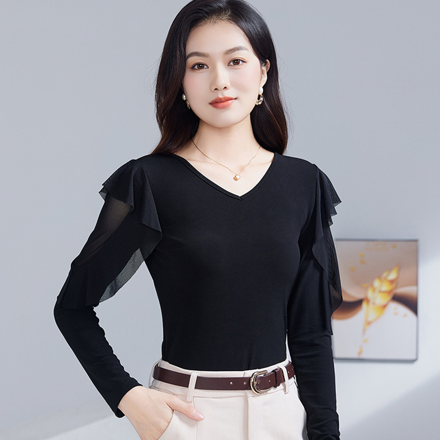 2025新款洋气v领打底衫女荷叶边长袖t恤舞蹈服跳舞广场舞上衣秋装