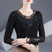 t恤秋 女高端精致烫钻镂空蕾丝上衣高级感长袖 2025新款 网纱打底衫