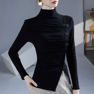 别致收腰上衣女长袖新中式国风盘扣t恤半高领洋气衣脚开叉小衫秋