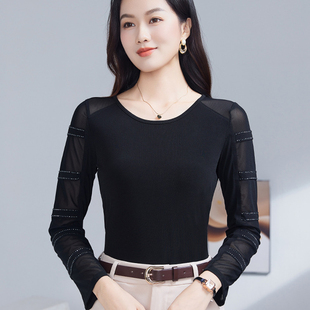 秋季2025新款圆领网纱打底衫女士长袖沙体t恤黑色薄纱上衣可外穿