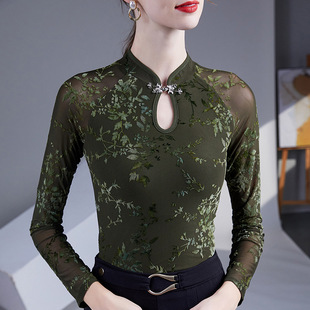 轻国风穿搭提花网纱t恤女长袖纱衣打底衫新中式旗袍领蕾丝上衣秋