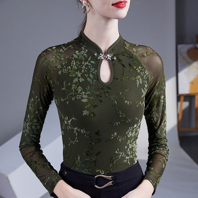 轻国风穿搭提花网纱t恤蕾丝秋