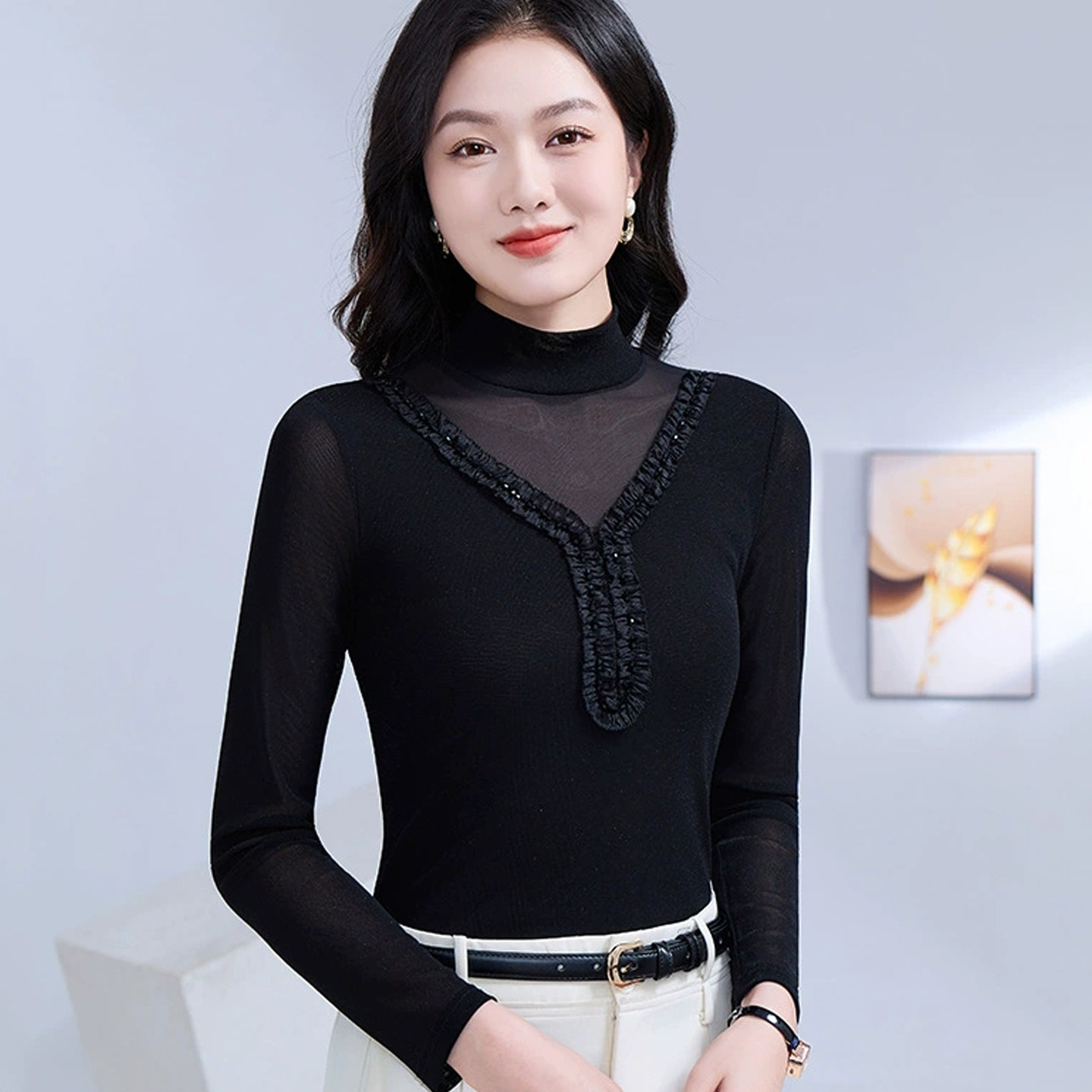2026新款高级感半高领网纱打底女春长袖纱衣t恤黑色薄纱蕾丝上衣