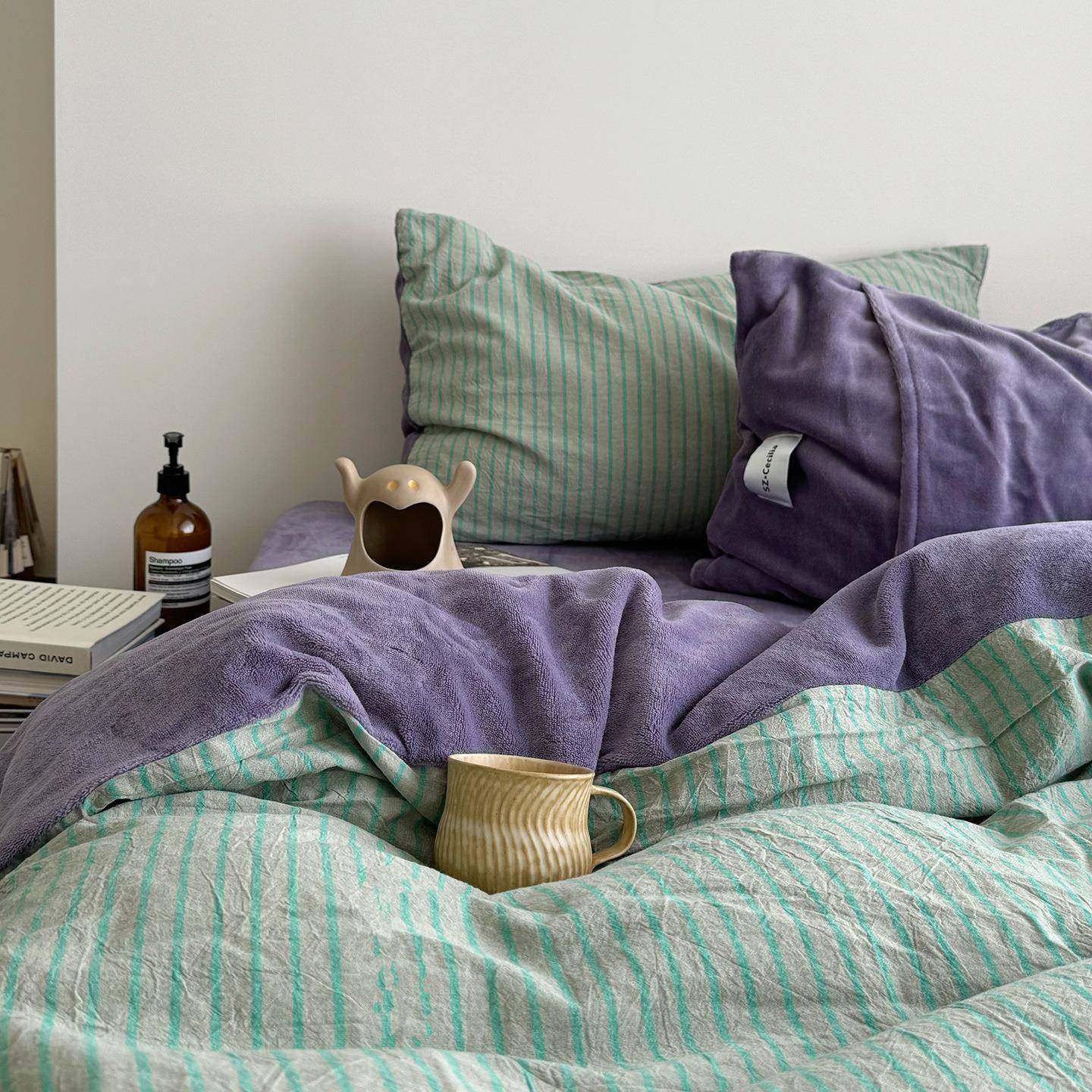 冬季亲肤保暖棉绒被套牛奶绒四件套纯棉全棉加绒简约条纹加厚床单,床上用品,床品套件/四件套/多件套,淘宝优惠券,粉丝福利购,淘宝优惠卷