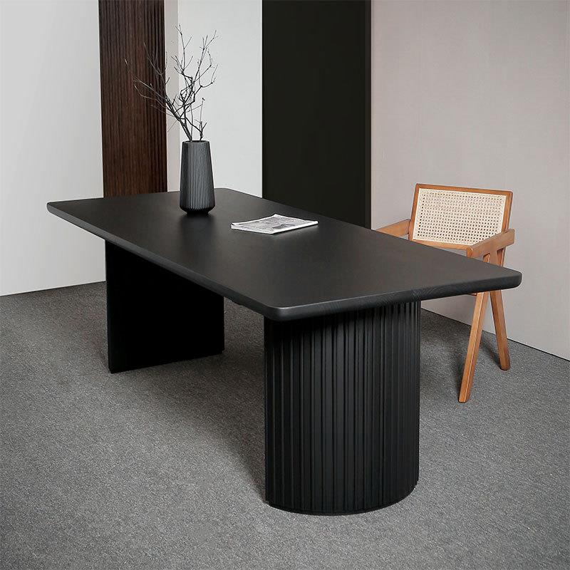 侘寂风黑色实木餐桌长方形家用桌子白蜡木办公洽谈桌椭圆会议长桌