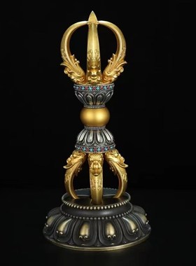 热销尼泊尔纯铜五股金刚杵降魔杵一字普巴杵西藏密宗银摆件带底座