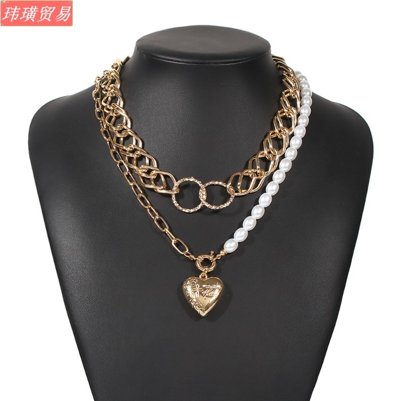 网红Rock exaggerate thick jewelry punk alloy pearl necklace