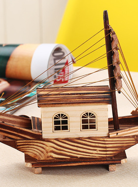 热销一帆风顺木质小船音乐盒创意黑帆船形发条八音盒同学生礼品工