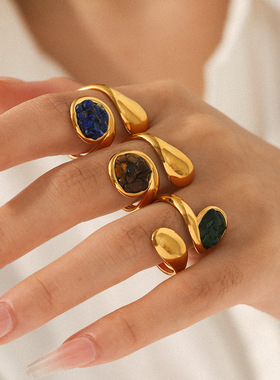 日本品质法式复古天然石几何戒指不锈钢镀金饰品不掉色指环简约高