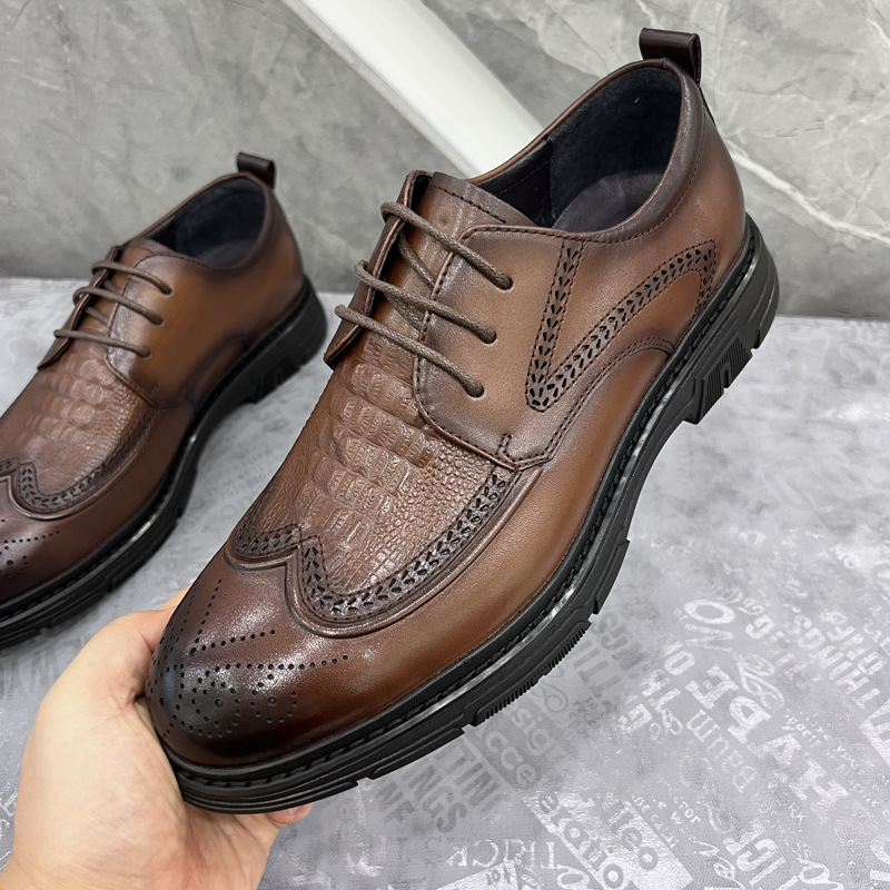 欧洲站男鞋头层牛皮布洛克商务休闲皮鞋厚底男士真皮正装工作透气