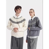 欧洲站新款 情侣费尔岛绞花针织衫 仿羊绒圆领舒适透气插肩毛衣潮