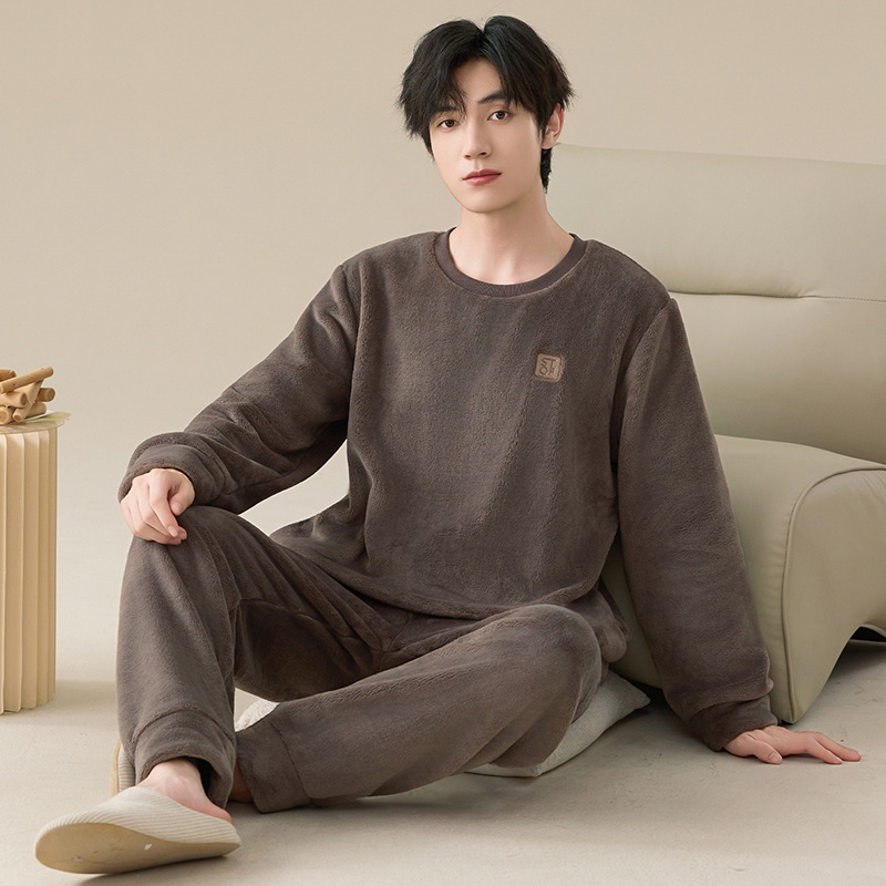 日本品质2025新款睡衣男士冬季加绒加厚款法兰绒保暖珊瑚绒简约家