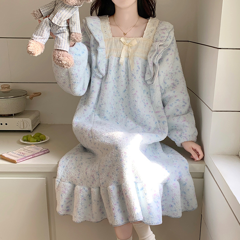 日本品质半边绒睡裙女秋冬季新款长袖加绒加厚保暖公主风连衣裙睡