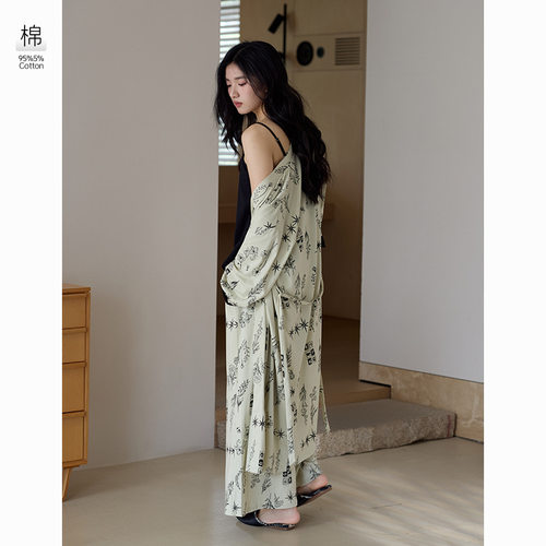 日本品质【抗菌拉架棉】三件套睡衣女士秋季中长袍睡袍套装纯棉女