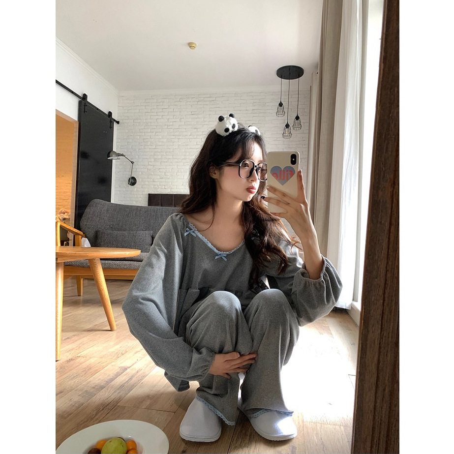 日本品质花边德绒睡衣女秋冬季长袖套装韩版甜美家居服冬款大码新