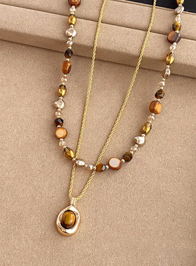 日本品质美拉德虎眼石项链配饰女款秋冬串珠叠戴毛衣链轻奢高级感