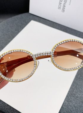 欧洲站新款木纹欧美时尚潮流欧美复古手工点钻复古太阳镜女士走秀