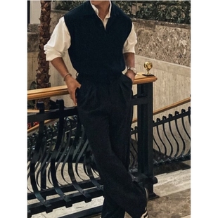 欧洲站人夫感老钱风针织马甲男士秋冬季美式复古棕色重磅毛衣背心