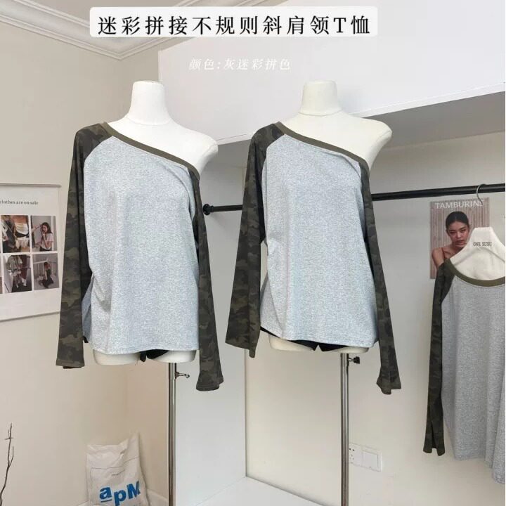 灰拼接迷彩袖不规则斜肩插肩袖长袖T恤女宽松慵懒风休闲百搭上衣