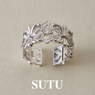 素图镂空戒指925银小众独特精致设计感开口戒尾戒轻奢高级感指环