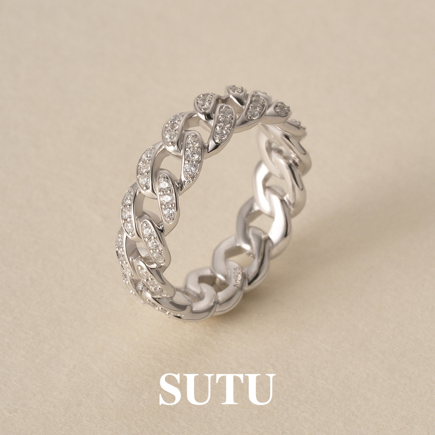 素图链条镶嵌戒指925银女小众设计轻奢精致气质高级新款饰品指环