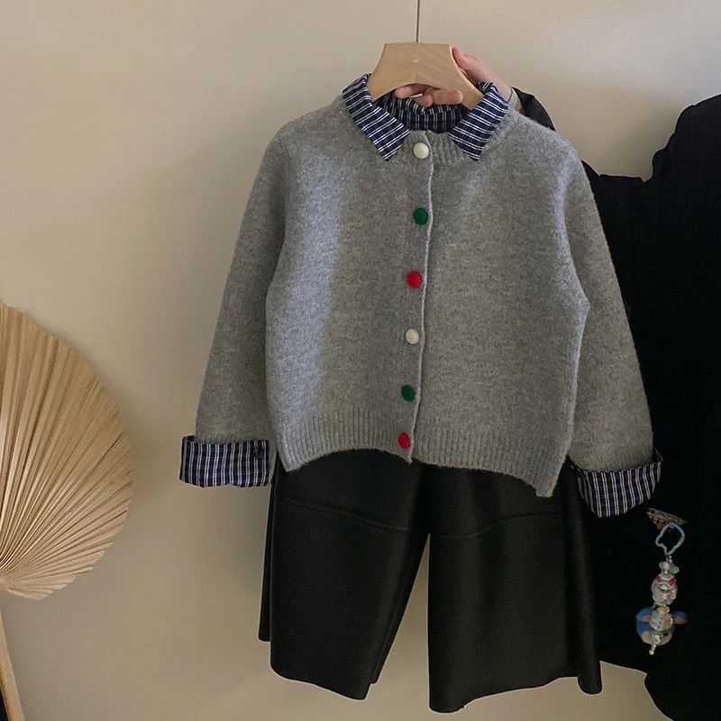 女童秋冬新款套装2024韩版洋气针织毛衣开衫女宝宝加绒保暖直筒裤