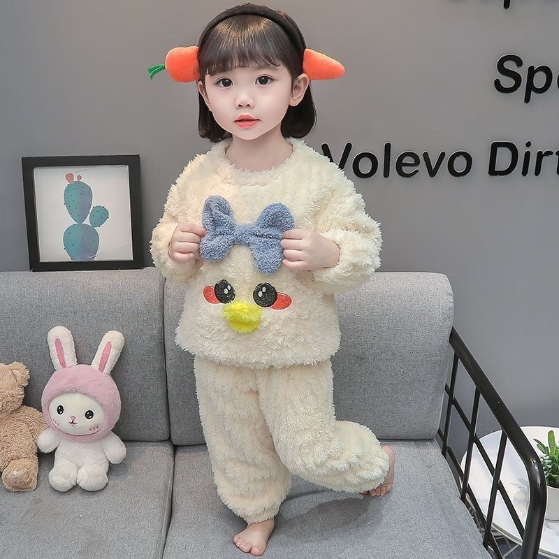 女童法兰绒套装中小童秋冬新款洋气加厚睡衣儿童冬装珊瑚绒加居服