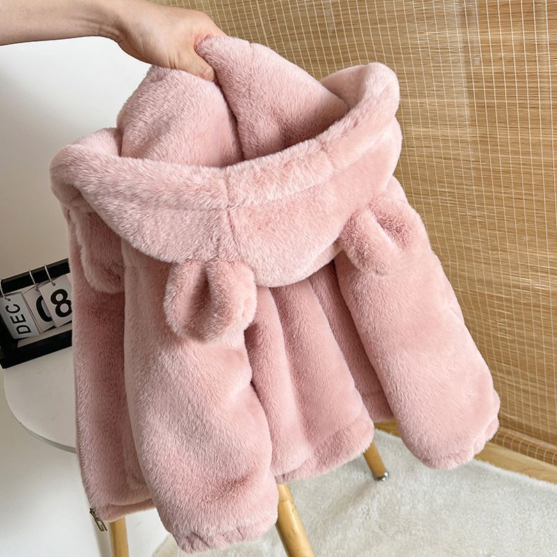 女童宝宝冬季连帽毛毛保暖外套仿皮草加绒加厚可爱儿童仿兔毛童装