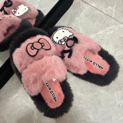 毛毛拖鞋女外穿厚底秋冬季时尚可爱哈喽Kitty居家棉拖高颜值保暖