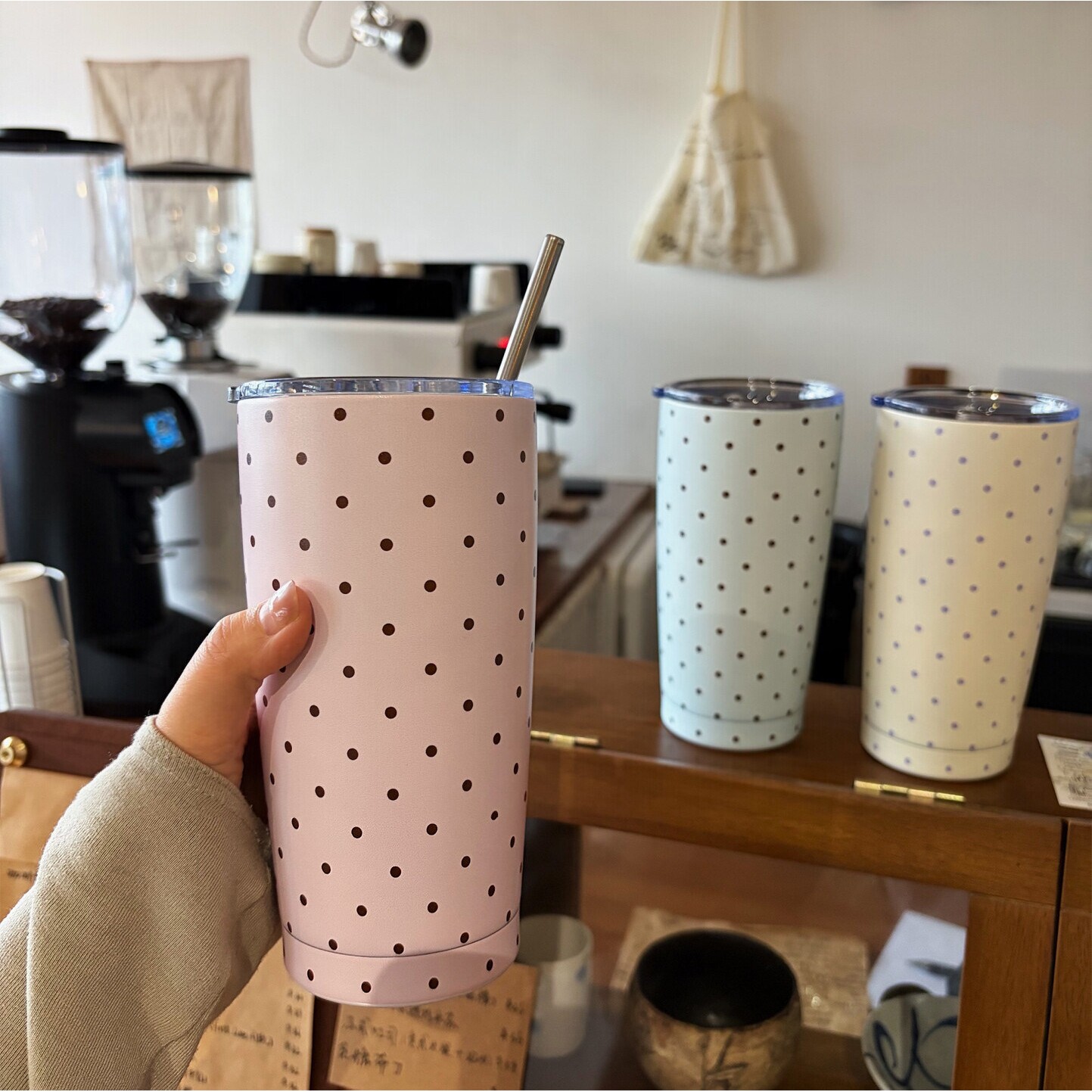 粉色波点保温杯随行可携式大容量水杯女生高颜值双饮咖啡杯保冷杯