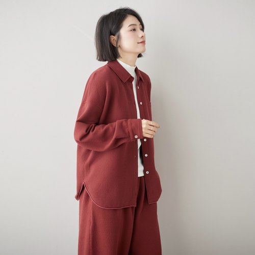 麻阁家新春秋冬红双层空气棉套装长袖翻领手钩花边上衣外套宽腿裤