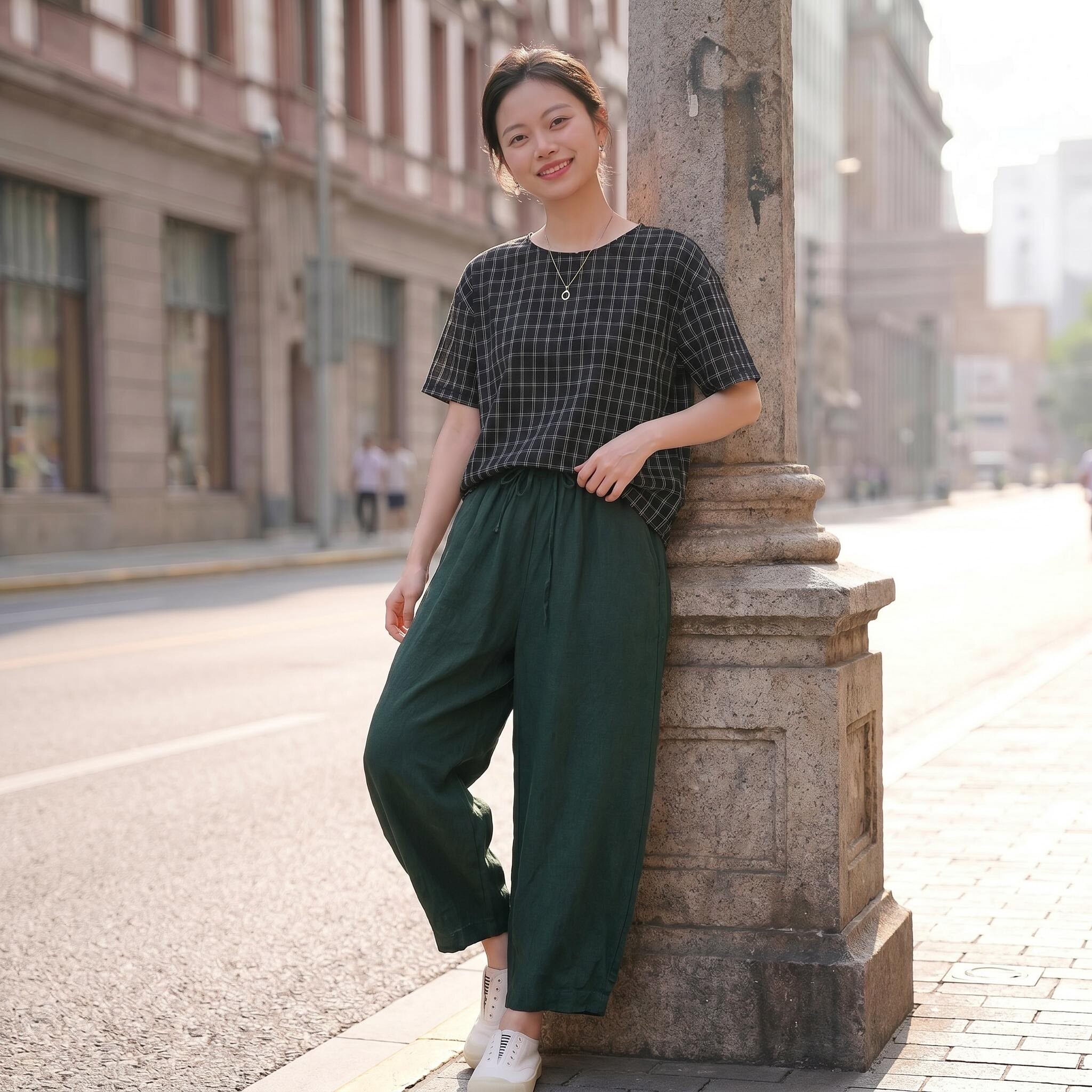 麻阁家夏汉麻色织盐缩砂洗T恤休闲裤女松紧腰显瘦哈伦裤时尚套装