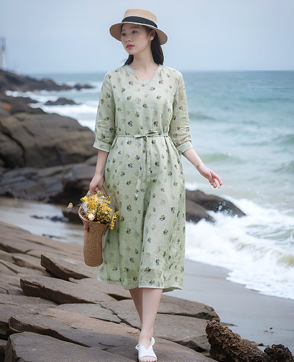 麻阁家 原创夏季棉麻女装100支苎麻印花高端细带修身大摆连衣裙