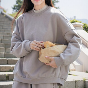 麻阁家 新款秋冬款苍烟色单股粗棉纱厚实保暖街头感卫衣裤子套装