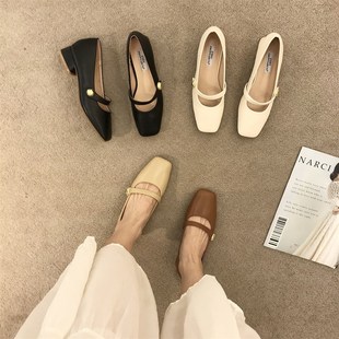 森系方頭晚晚風(fēng)文藝粗跟單鞋 女 v女2024年仙女復(fù)古中跟通勤奶奶鞋