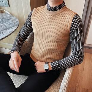 修身 條紋G保暖商務(wù)休閑英倫針織打底 領(lǐng)毛衣男冬季 潮牌假兩件襯衫