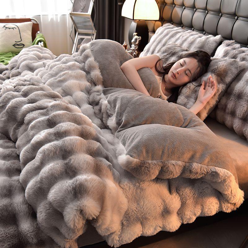 冬季加厚兔毛绒四件套牛奶绒被罩珊瑚绒床单被套双面床笠款法兰绒