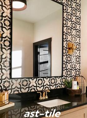 Asttile复古波西米亚黑白色浴室厨房防滑地砖墙面瓷砖手工花砖200