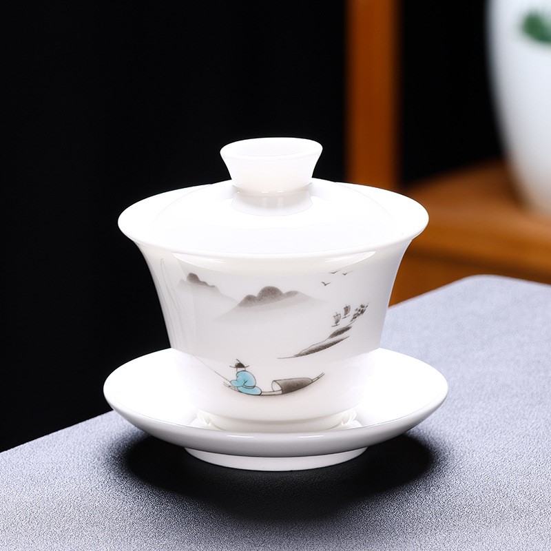 静心套装羊脂玉盖碗茶杯白瓷可悬停单个高档茶具套装功夫三才茶碗