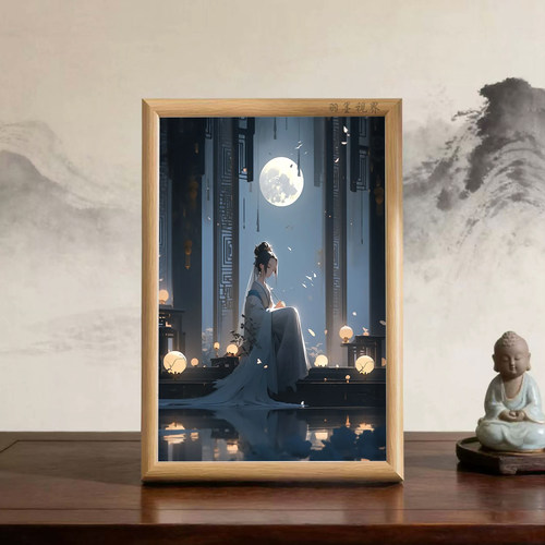 月夜宫灯蓝衣吹笛仕女相框