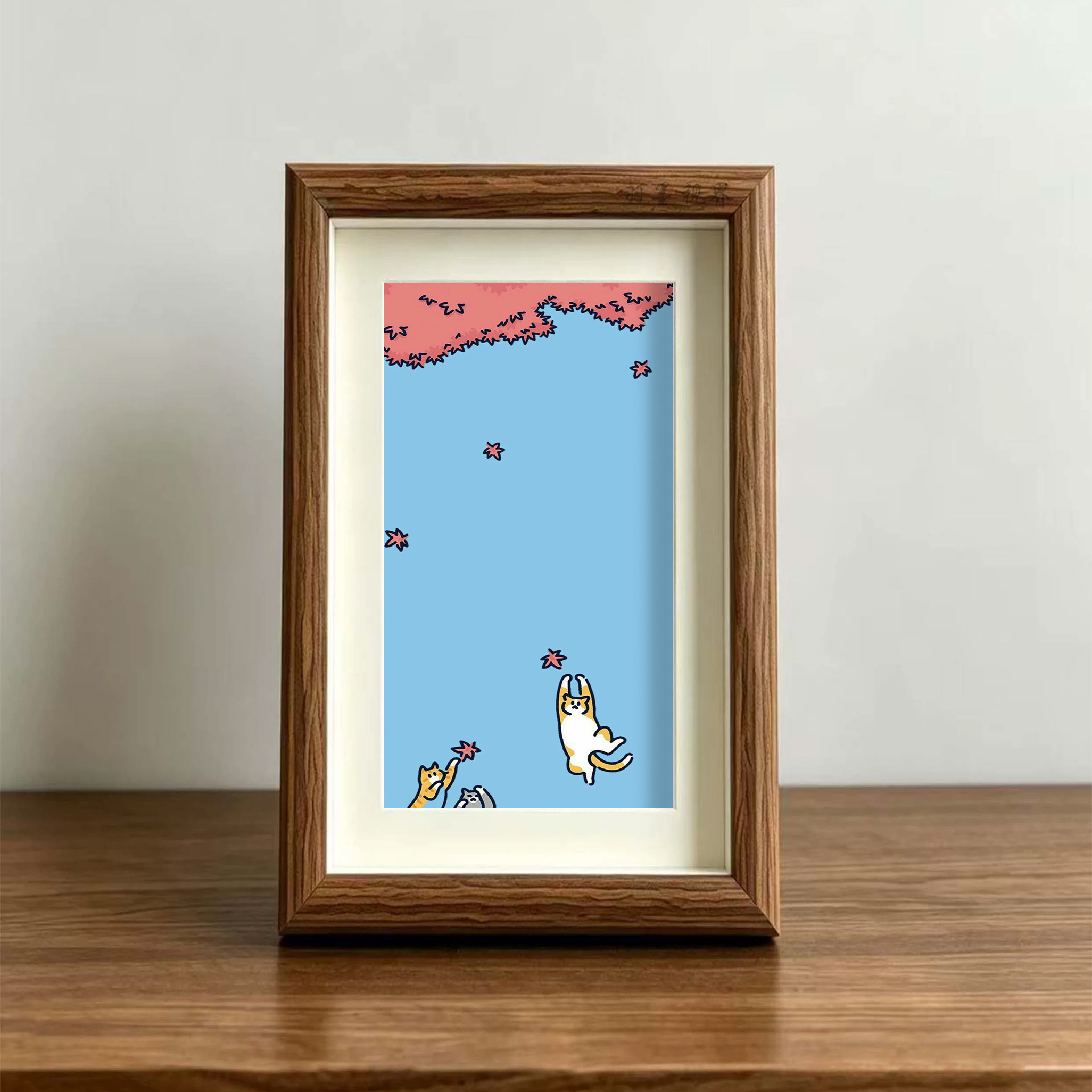 可爱猫咪秋日枫叶趣味插画装饰画治愈系桌面摆台卧室挂画