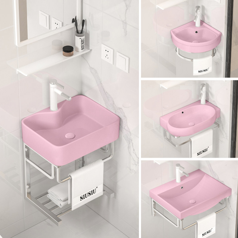 粉色洗漱盆陶瓷三角洗手盆挂墙式简易洗脸盆小户型卫生间面盆阳台