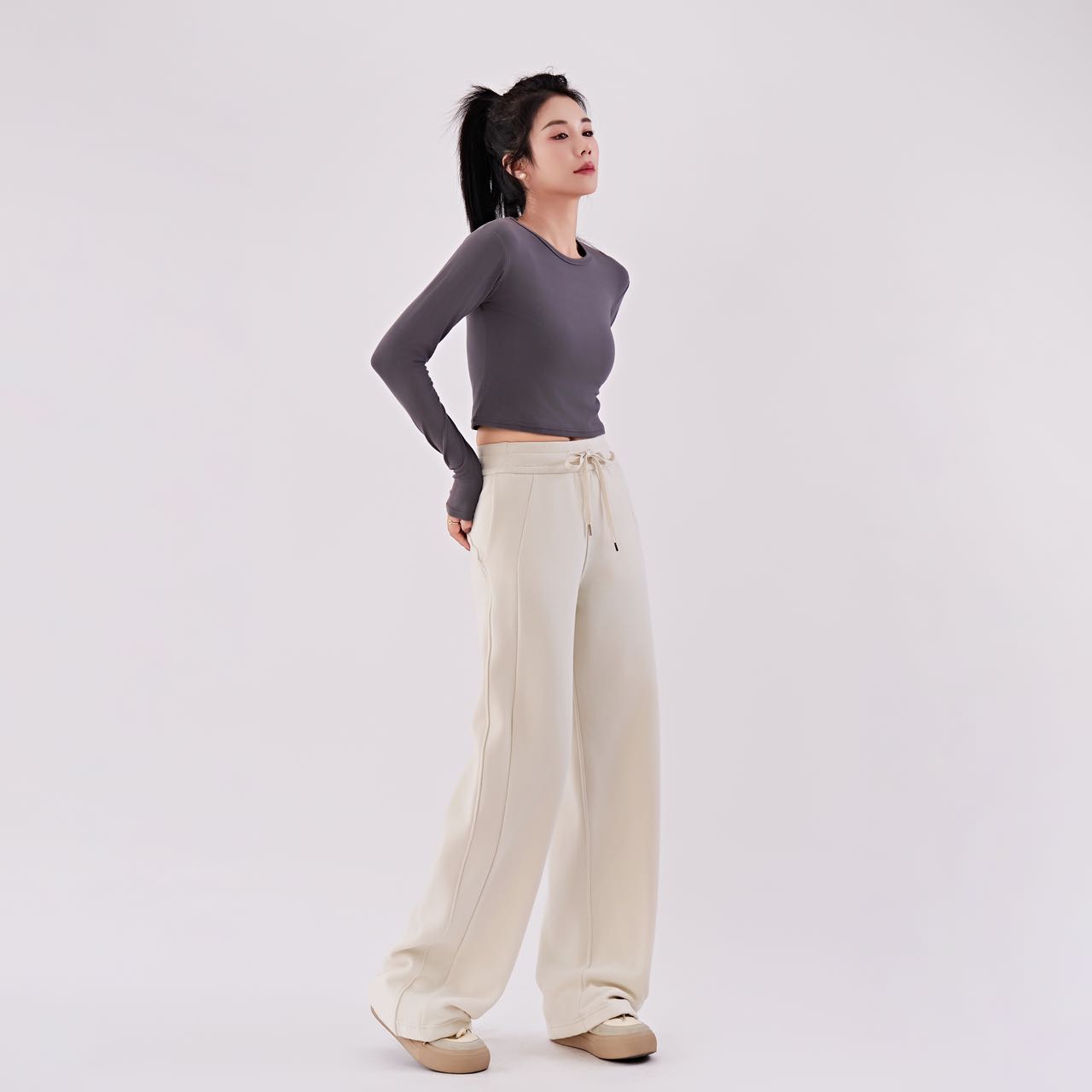 露露高腰加薄绒裤子女外穿灰色