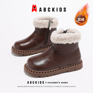 ABCkids童鞋女童雪地靴冬季加绒保暖儿童二棉皮靴中大童女孩棉靴