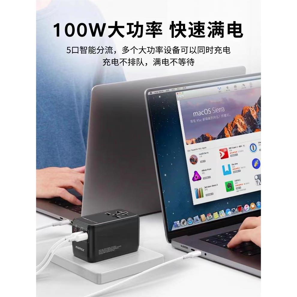 Momax摩米士100W氮化镓GaN万能转换插头全球通用2C+2U快充PD+QC快