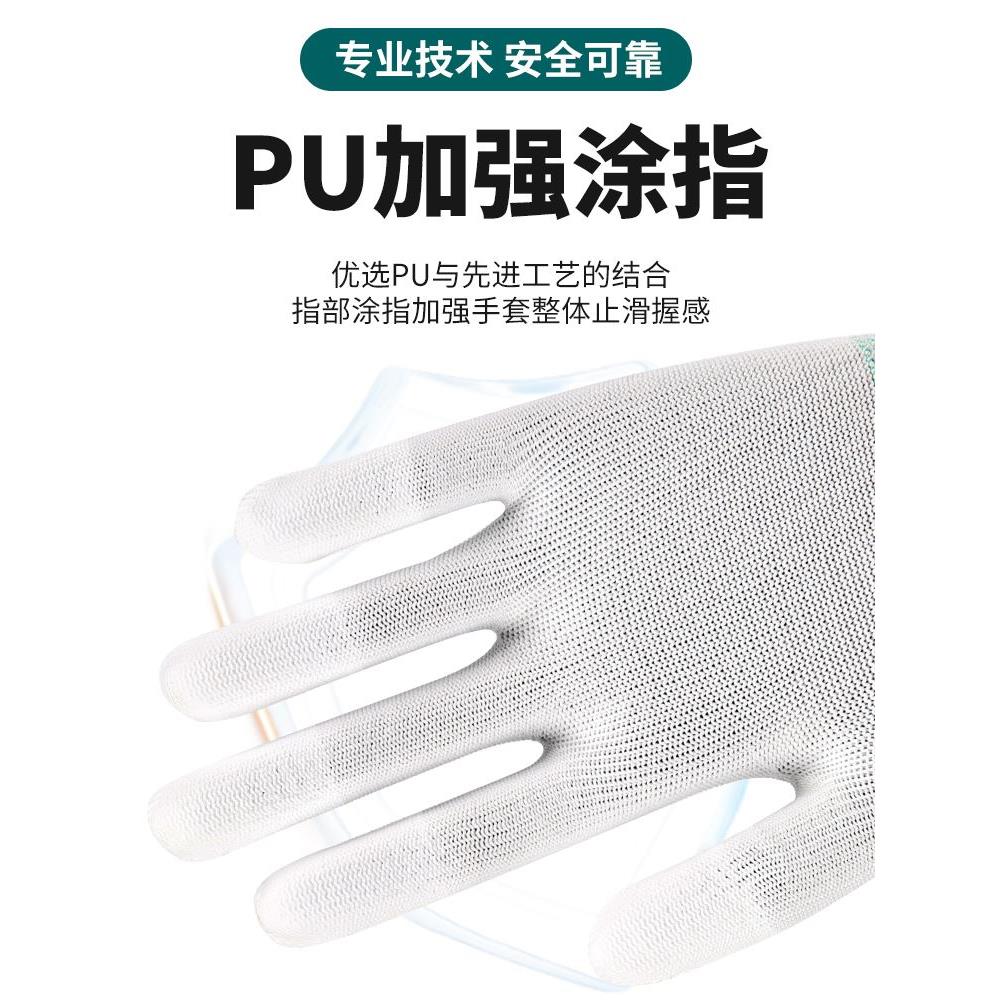 尼龙手套PU涂指涂掌防滑耐磨透气薄款劳保工作干活防静电薄款白色