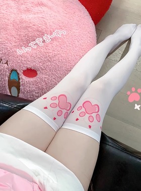 甜美纯欲过膝袜猫爪纹身丝袜白丝半截长筒袜JK渔网高筒大腿袜