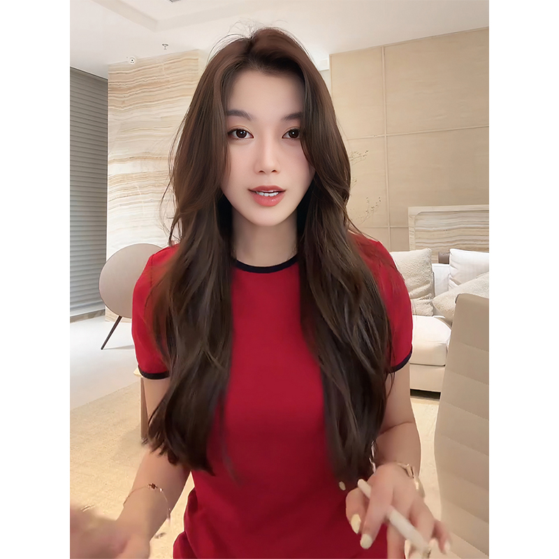 COCO ZONE 刘11 设计感小众显瘦拼接撞色圆领短袖T恤上衣内搭女