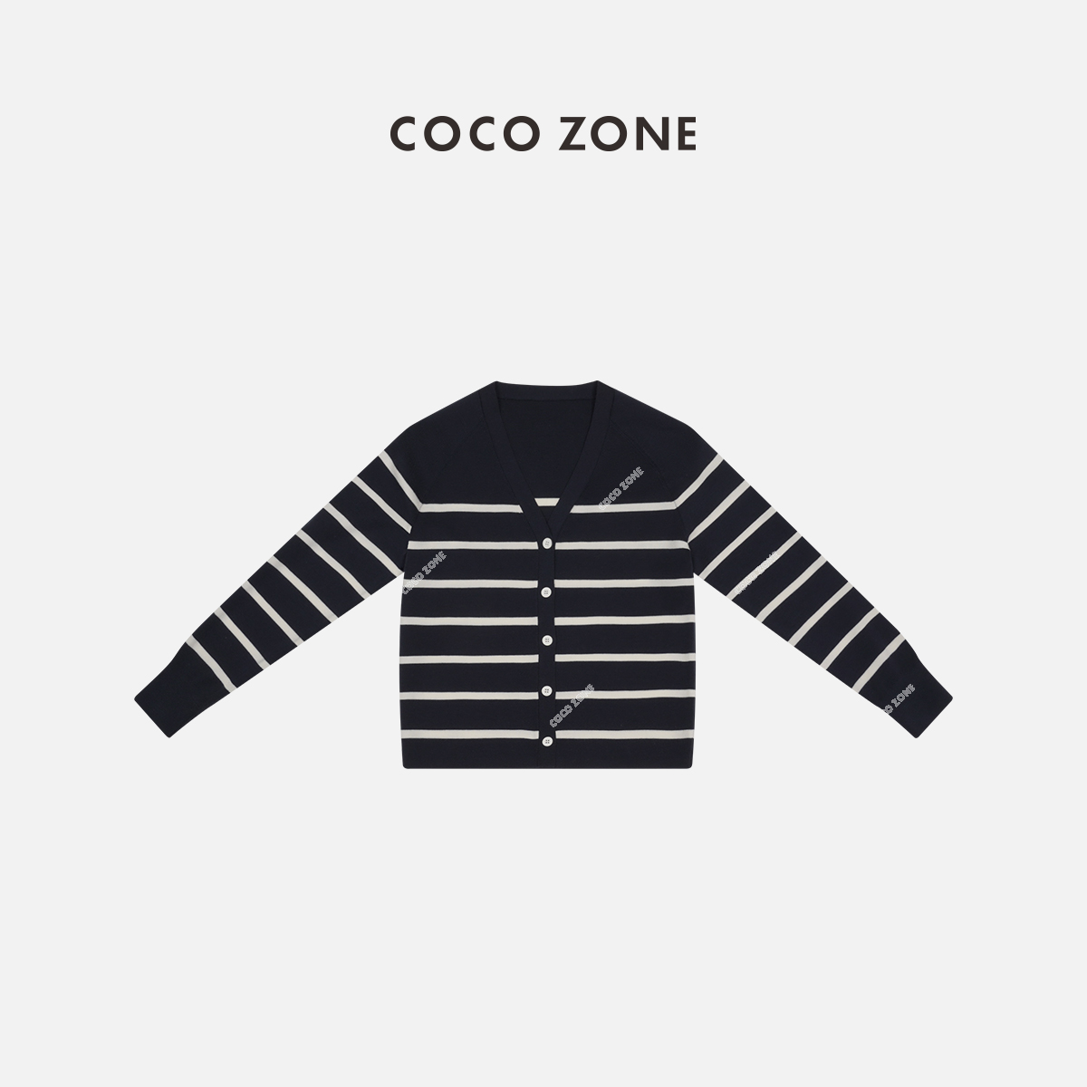COCO ZONE 刘一一 100绵羊毛V领条纹长袖毛衣针织衫24C10288